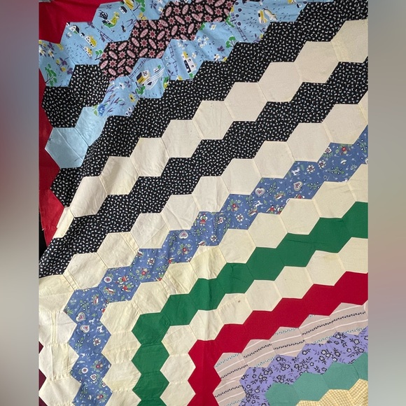 Vintage Antique Hexagon Unfinished Quilt Top Handmade Hand Sewn 72 x 93 - Picture 7 of 13